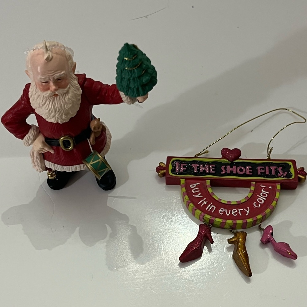 Christmas Ornament if the shoe fits and Santa Claus Figurine with Christmas Tree